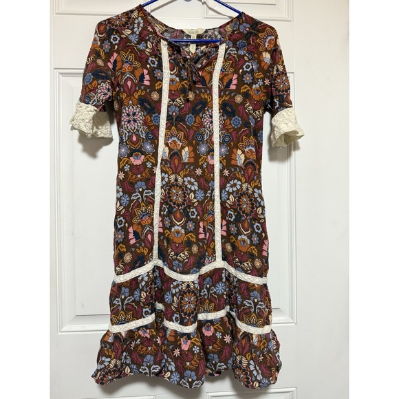 Matilda Jane Dress XS Women Floral Ruffled Shift Dress Crochet Pockets - Picture 1 of 11